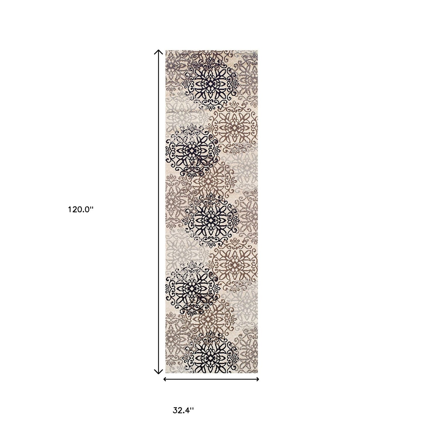 10' Beige Black and Gray Floral Medallion Power Loom Runner Rug - 120.0" (L) x 120.0" (W) x 0.43" (H)