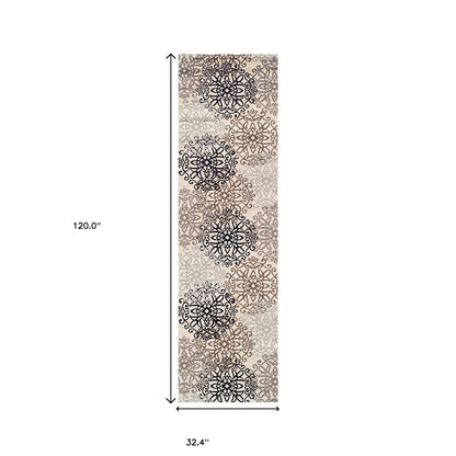 10' Beige Black and Gray Floral Medallion Power Loom Runner Rug - 120.0" (L) x 120.0" (W) x 0.43" (H)