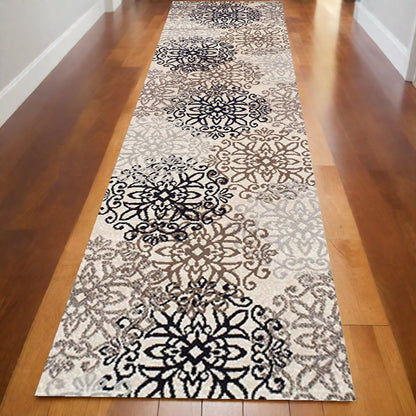 10' Beige Black and Gray Floral Medallion Power Loom Runner Rug - 120.0" (L) x 120.0" (W) x 0.43" (H)