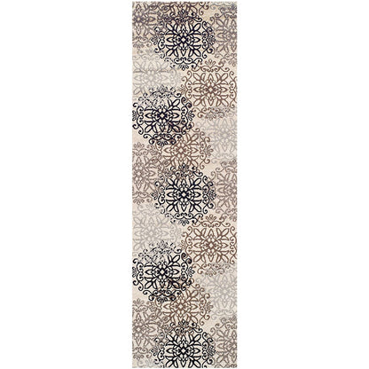 12' Tan Gray And Black Floral Medallion Stain Resistant Runner Rug - 26.77" (L) x 90.55" (W) x 0.39" (H)