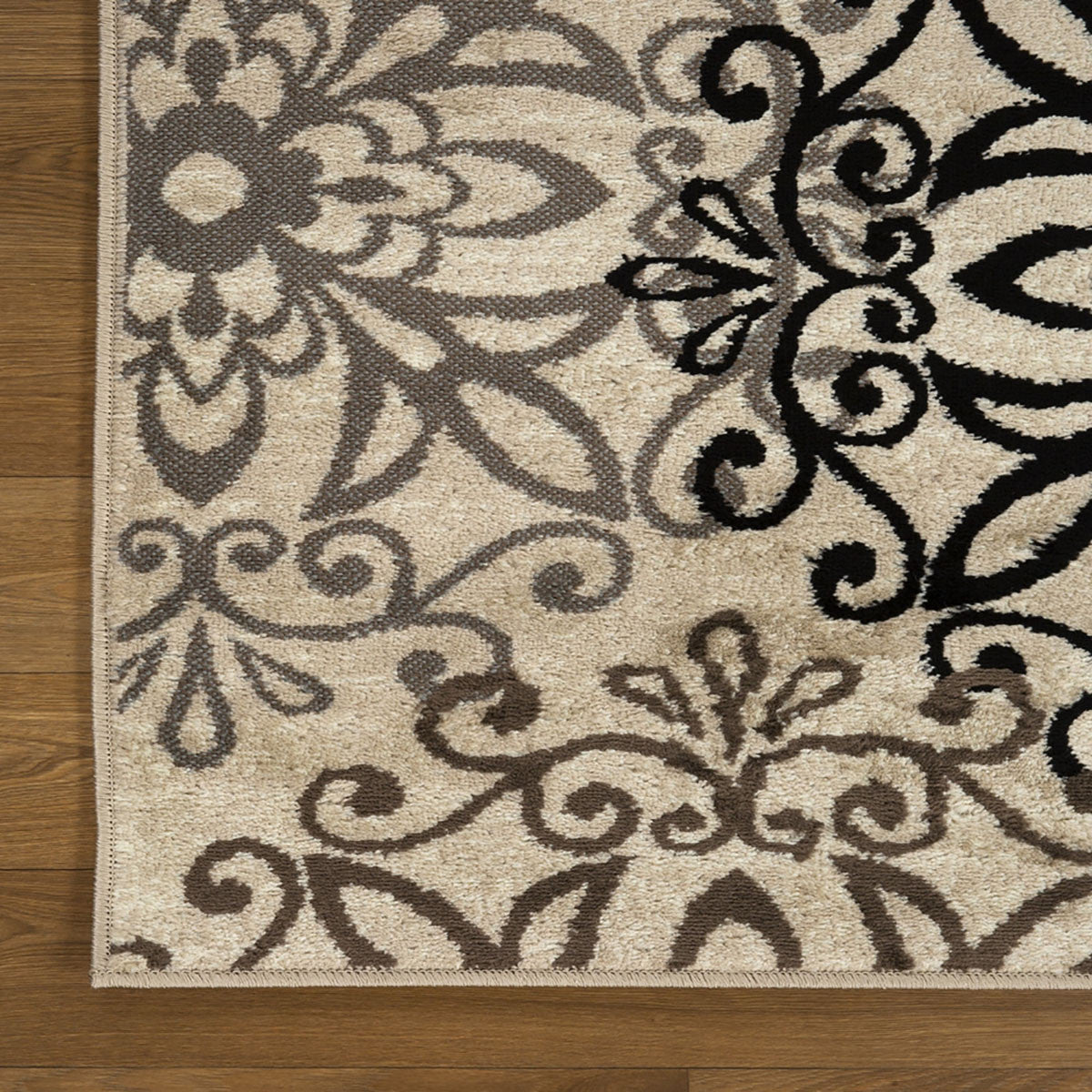 12' Tan Gray And Black Floral Medallion Stain Resistant Runner Rug - 26.77" (L) x 90.55" (W) x 0.39" (H)