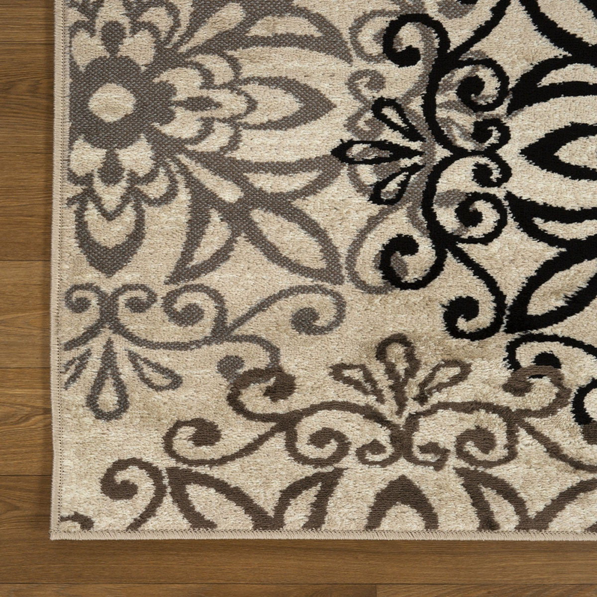 11' Tan Gray And Black Floral Medallion Stain Resistant Runner Rug - 24.0" (L) x 35.5" (W) x 1.0" (H)