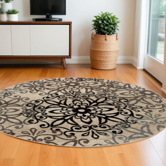 8' Round Tan Gray And Black Round Floral Medallion Stain Resistant Area Rug - 96.0" (H) x 96.0" (W) x 0.31" (D)