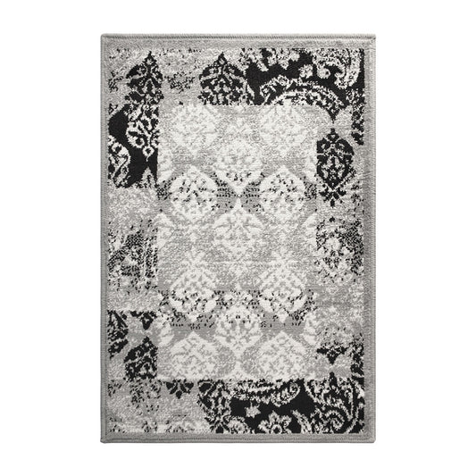 2' X 3' Black And Gray Damask Power Loom Distressed Stain Resistant Area Rug - 47.24" (L) x 47.24" (W) x 0.24" (H)