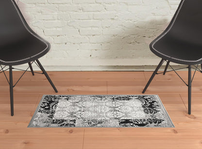 2' X 3' Black And Gray Damask Power Loom Distressed Stain Resistant Area Rug - 47.24" (L) x 47.24" (W) x 0.24" (H)