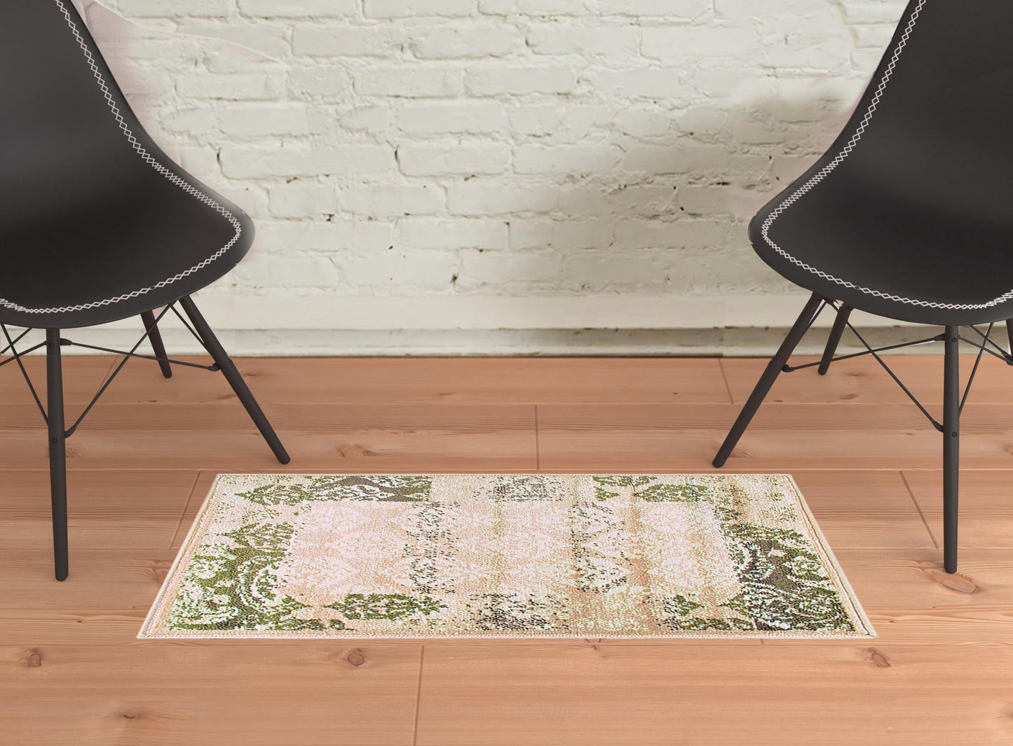 2' X 3' Beige Damask Power Loom Distressed Stain Resistant Area Rug - 30.0" (L) x 96.0" (W) x 0.43" (H)