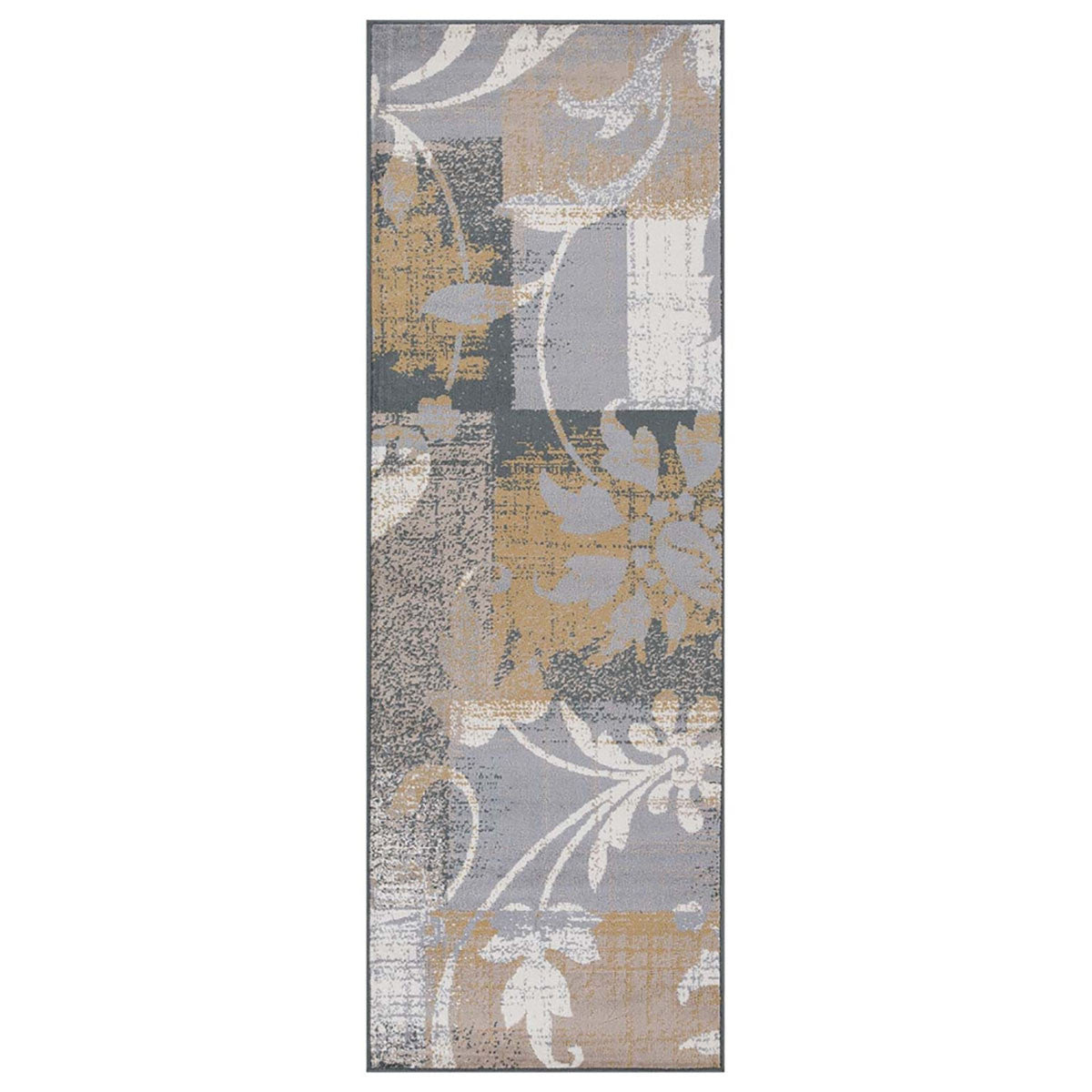 10' Beige And Gray Floral Power Loom Distressed Stain Resistant Runner Rug - 120.0" (L) x 120.0" (W) x 0.43" (H)