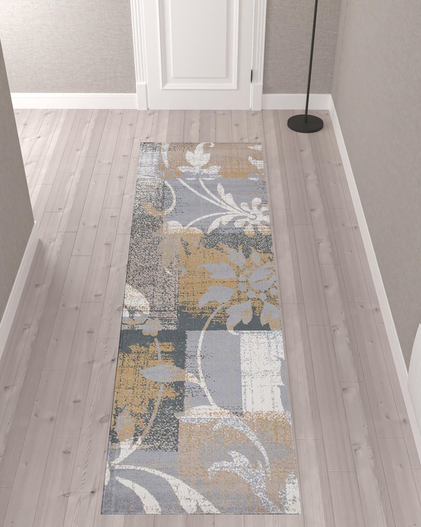 10' Beige And Gray Floral Power Loom Distressed Stain Resistant Runner Rug - 120.0" (L) x 120.0" (W) x 0.43" (H)