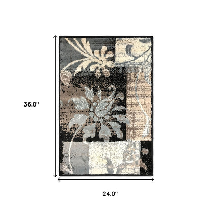 2' X 3' Beige And Gray Floral Power Loom Distressed Stain Resistant Area Rug - 32.0" (L) x 56.0" (W) x 0.8" (H)