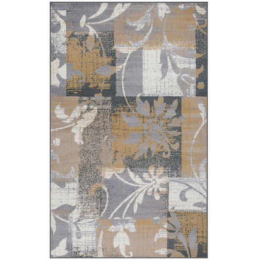 7' X 9' Beige And Gray Floral Power Loom Distressed Stain Resistant Area Rug - 84.0" (H) x 108.0" (W) x 0.31" (D)