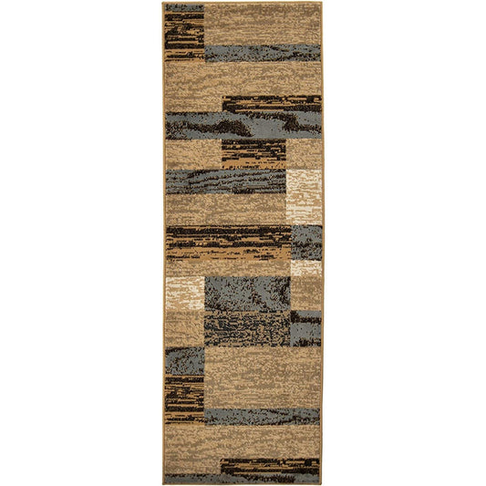 12' Brown Blue and Beige Patchwork Stain Resistant Runner Rug - 26.0" (L) x 45.0" (W) x 0.32" (H)