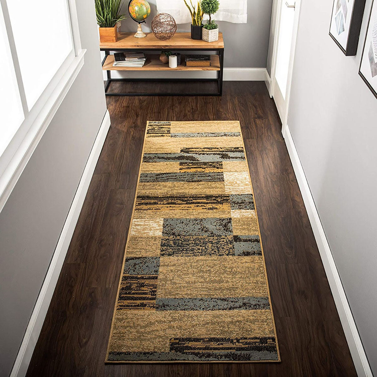 12' Brown Blue and Beige Patchwork Stain Resistant Runner Rug - 26.0" (L) x 45.0" (W) x 0.32" (H)