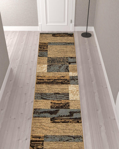 12' Brown Blue and Beige Patchwork Stain Resistant Runner Rug - 26.0" (L) x 45.0" (W) x 0.32" (H)