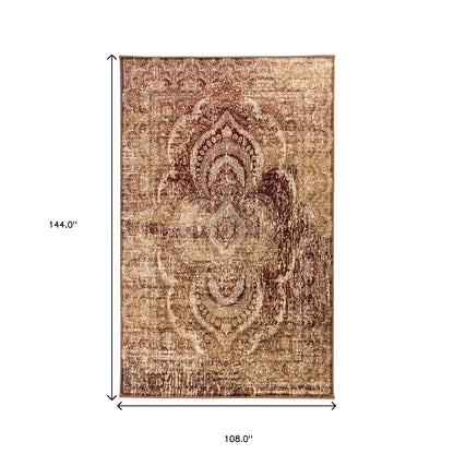 9' X 12' Maroon And Gold Abstract Power Loom Distressed Stain Resistant Area Rug - 108.0" (H) x 144.0" (W) x 0.39" (D)