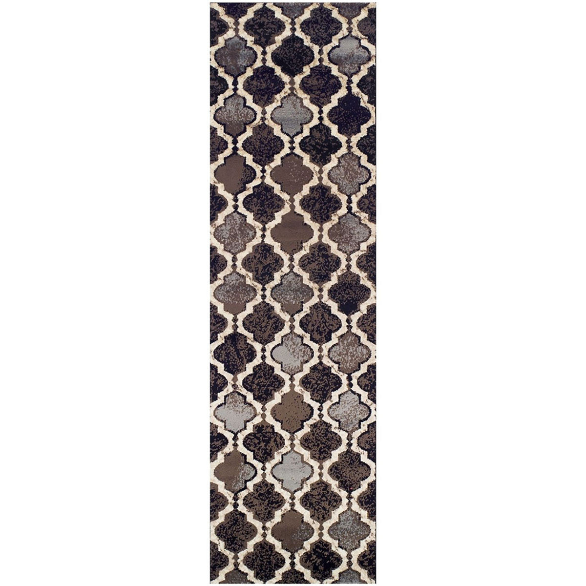 10' Chocolate Quatrefoil Power Loom Distressed Stain Resistant Runner Rug - 26.0" (L) x 120.0" (W) x 1.0" (H)