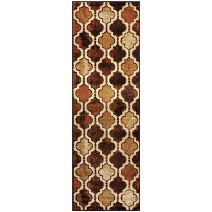 8' Coffee Quatrefoil Power Loom Distressed Stain Resistant Runner Rug