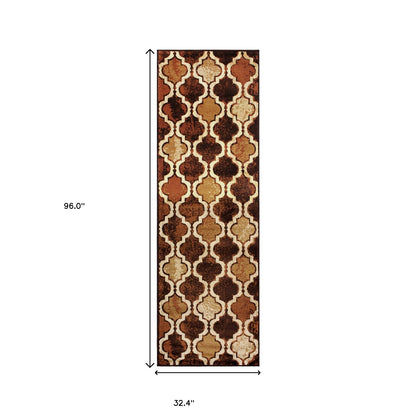 8' Coffee Quatrefoil Power Loom Distressed Stain Resistant Runner Rug