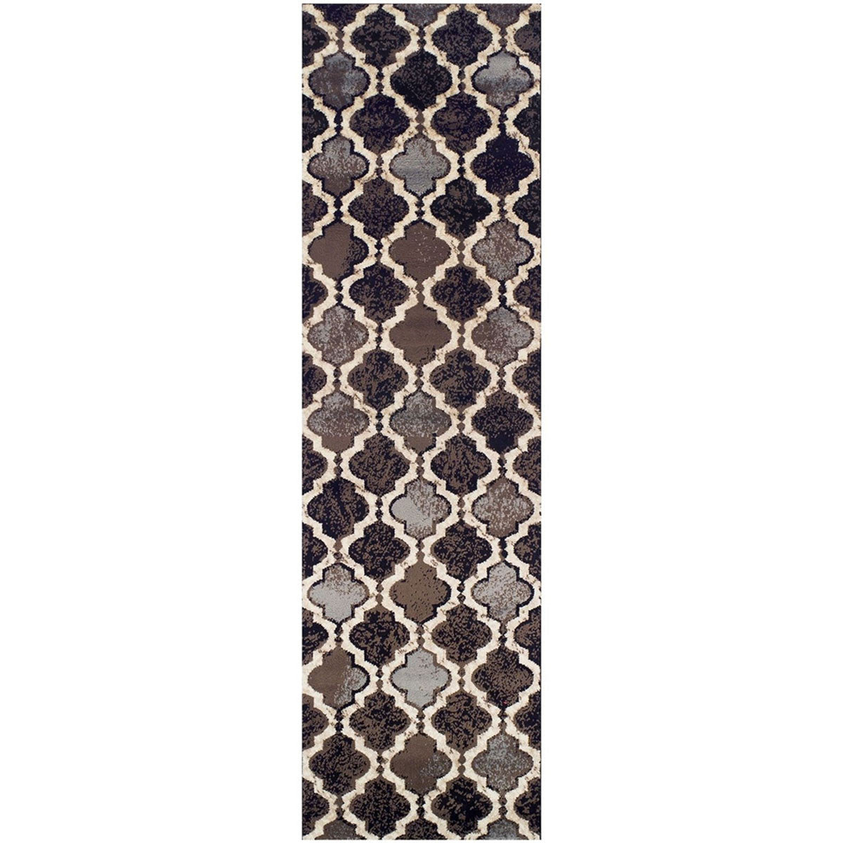 11' Chocolate Quatrefoil Power Loom Distressed Stain Resistant Runner Rug - 20.0" (L) x 34.0" (W) x 0.39" (H)