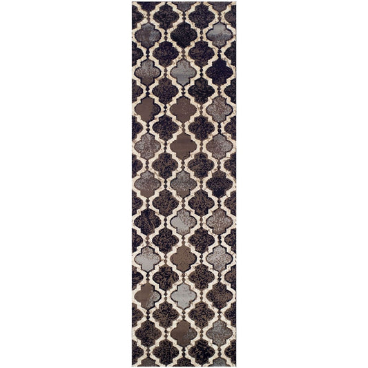 11' Chocolate Quatrefoil Power Loom Distressed Stain Resistant Runner Rug - 20.0" (L) x 34.0" (W) x 0.39" (H)