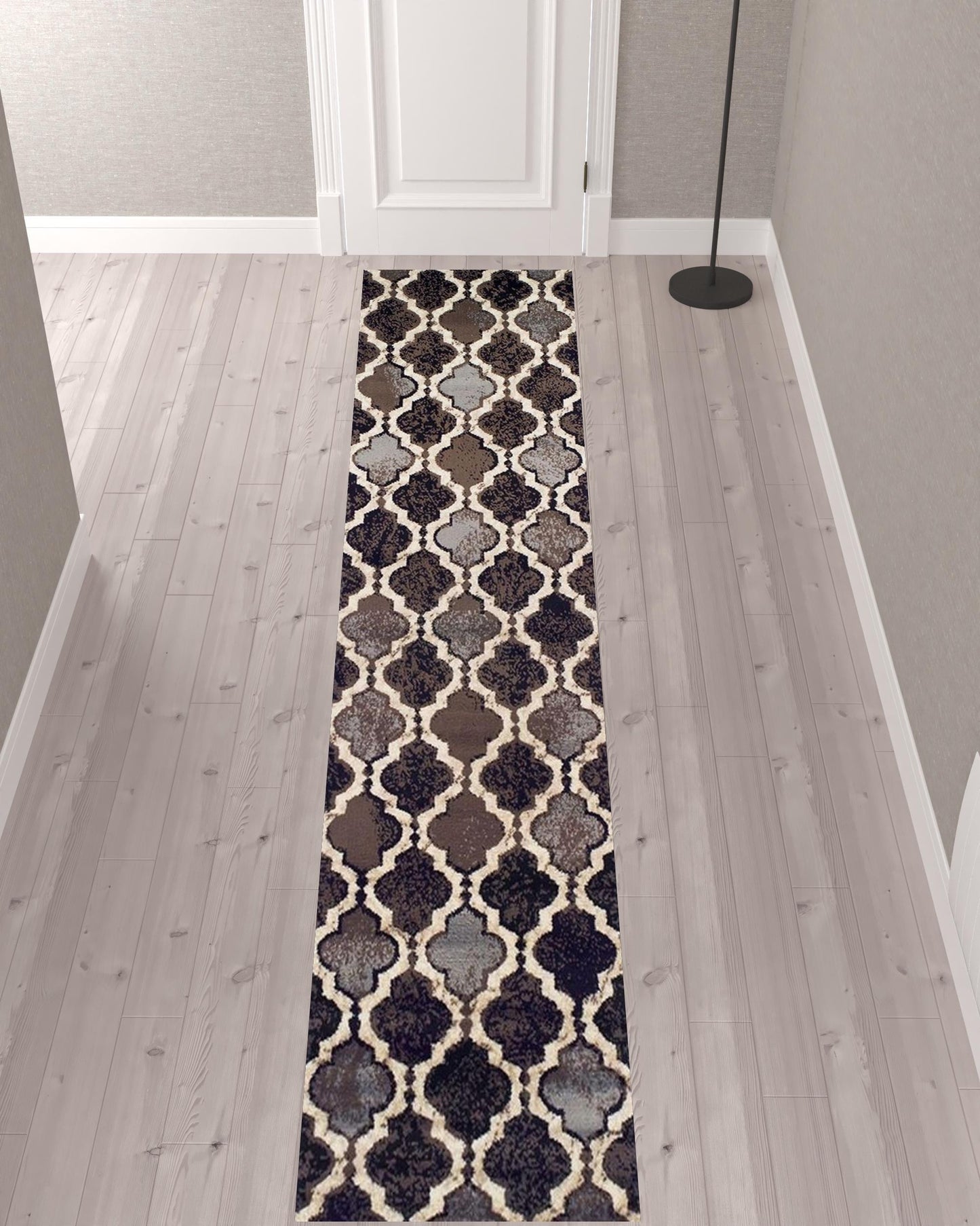 11' Chocolate Quatrefoil Power Loom Distressed Stain Resistant Runner Rug - 20.0" (L) x 34.0" (W) x 0.39" (H)