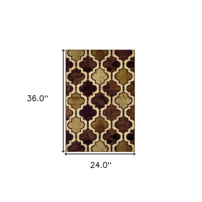 2' X 3' Coffee Quatrefoil Power Loom Distressed Stain Resistant Area Rug