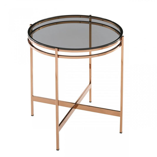 22" Rosegold And Smoke Glass Geo Round End Table HomeRoots