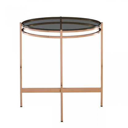 22" Rosegold And Smoke Glass Geo Round End Table HomeRoots