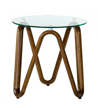 20" Walnut And Clear Glass  Solid Wood Ribbon Base Round End Table HomeRoots