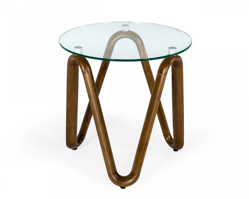 20" Walnut And Clear Glass  Solid Wood Ribbon Base Round End Table — view 2