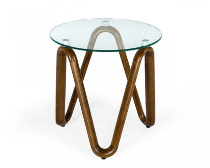 20" Walnut And Clear Glass  Solid Wood Ribbon Base Round End Table HomeRoots
