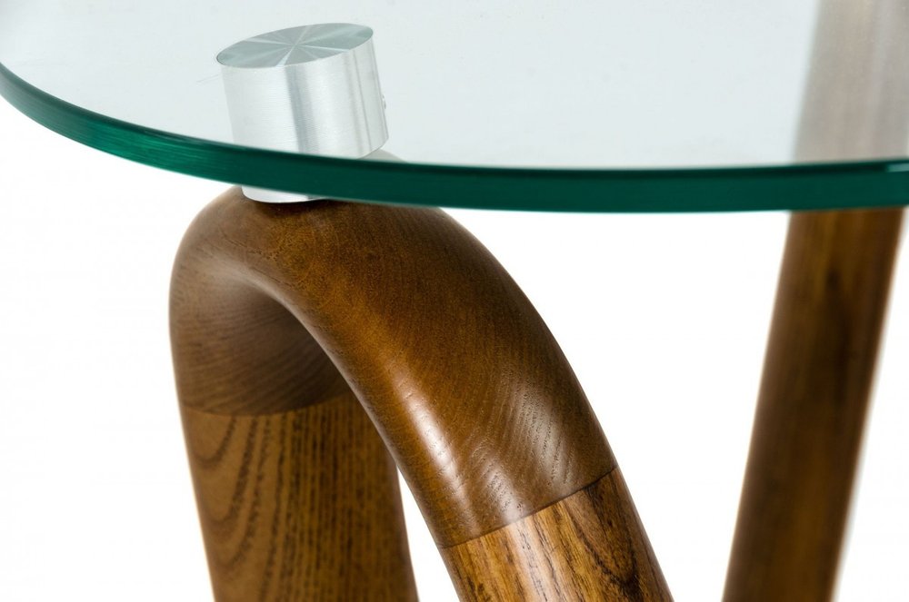 20" Walnut And Clear Glass  Solid Wood Ribbon Base Round End Table — view 3