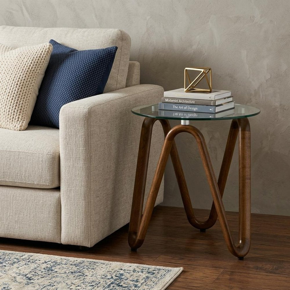 20" Walnut And Clear Glass  Solid Wood Ribbon Base Round End Table — view 5