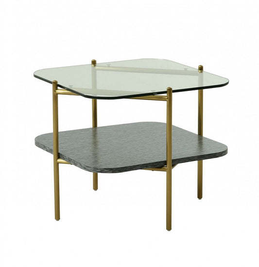 20" Gold And Clear Glass And Metal Square End Table With Shelf HomeRoots
