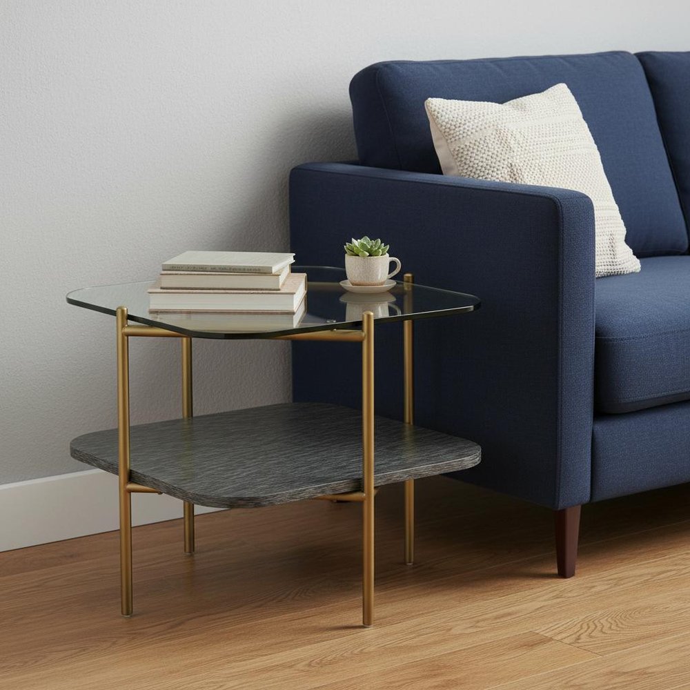20" Gold And Clear Glass And Metal Square End Table With Shelf HomeRoots