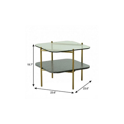 20" Gold And Clear Glass And Metal Square End Table With Shelf HomeRoots