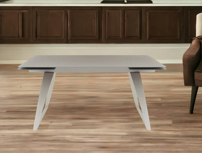 94" Gray Glass And Metal Self-Storing Leaf Sled Base Dining Table HomeRoots