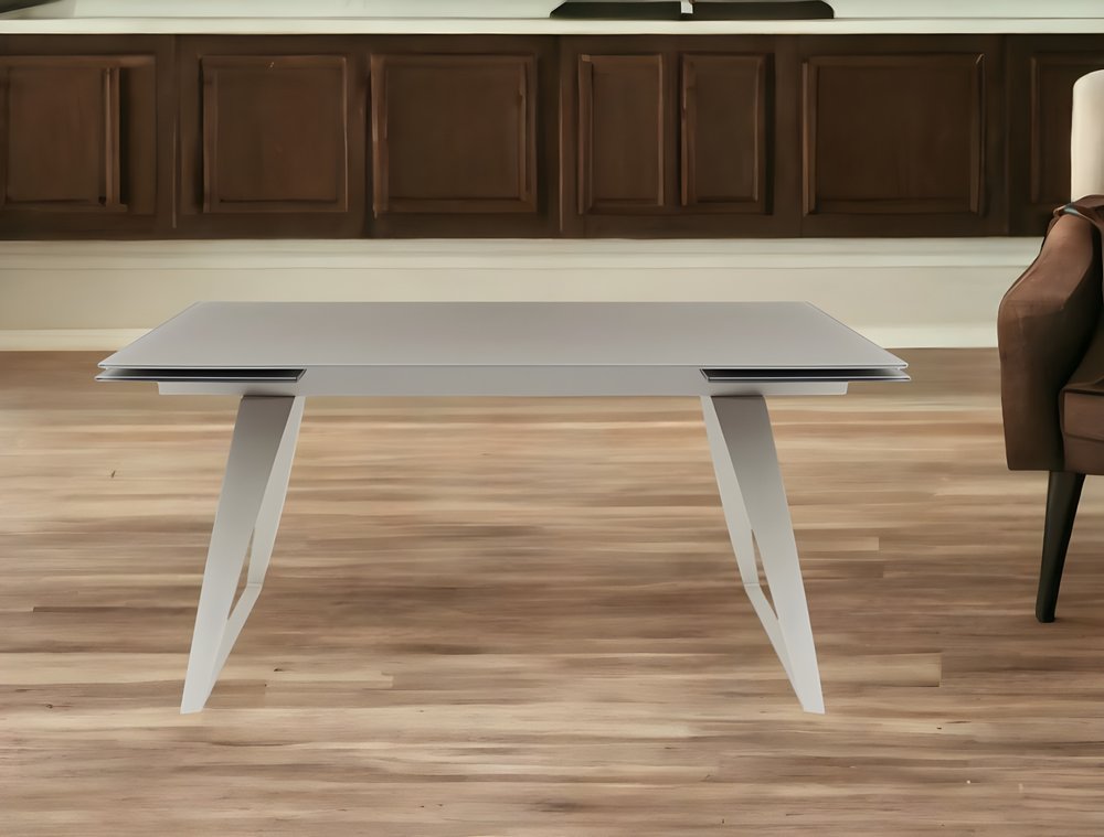 94" Gray Glass And Metal Self-Storing Leaf Sled Base Dining Table HomeRoots