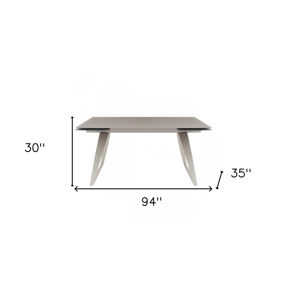 94" Gray Glass And Metal Self-Storing Leaf Sled Base Dining Table HomeRoots