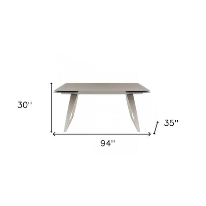94" Gray Glass And Metal Self-Storing Leaf Sled Base Dining Table HomeRoots
