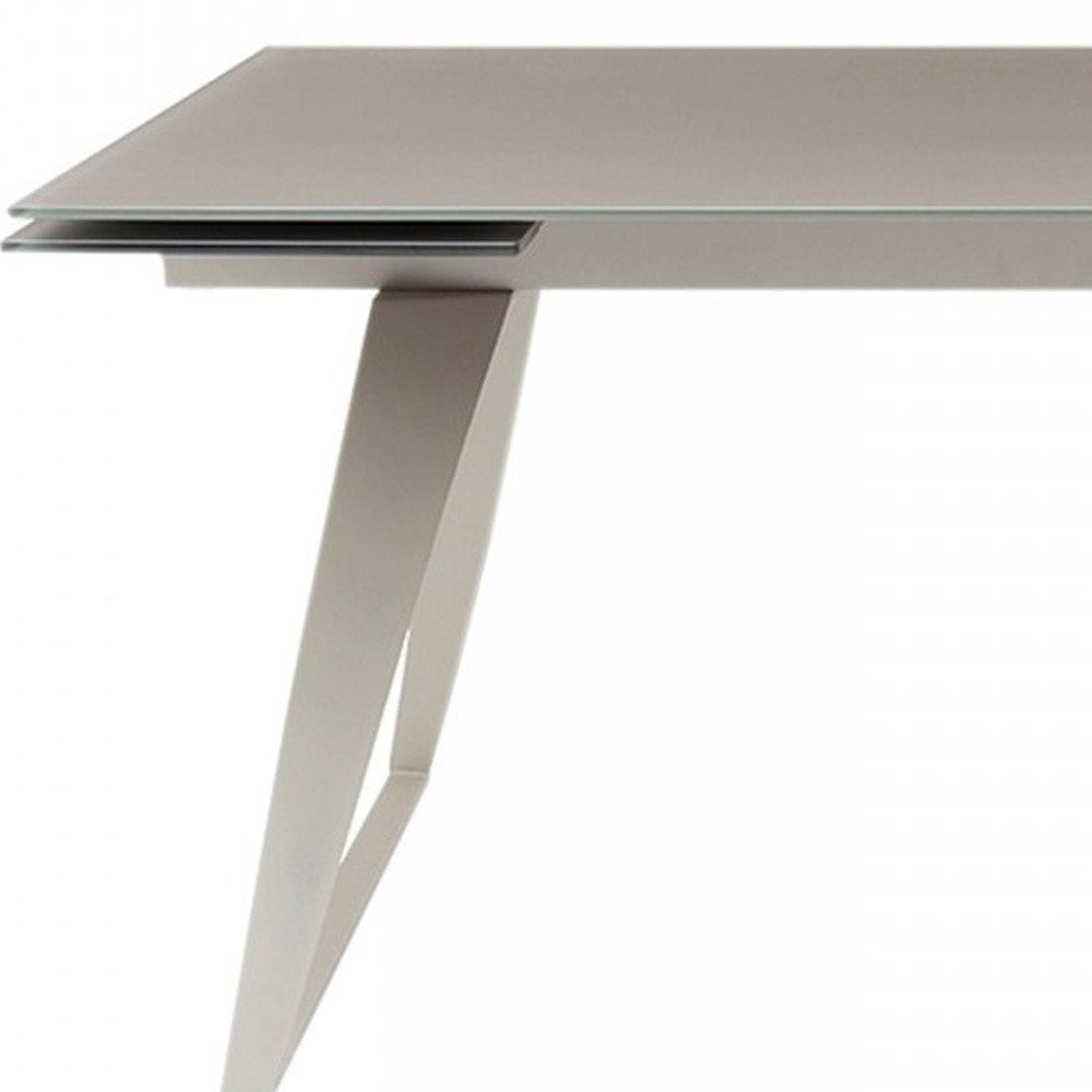 94" Gray Glass And Metal Self-Storing Leaf Sled Base Dining Table HomeRoots