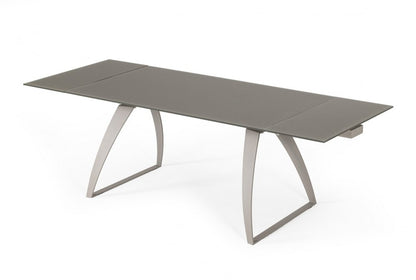 94" Gray Glass And Metal Self-Storing Leaf Sled Base Dining Table HomeRoots