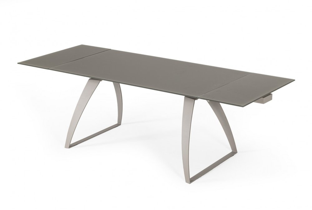 94" Gray Glass And Metal Self-Storing Leaf Sled Base Dining Table HomeRoots