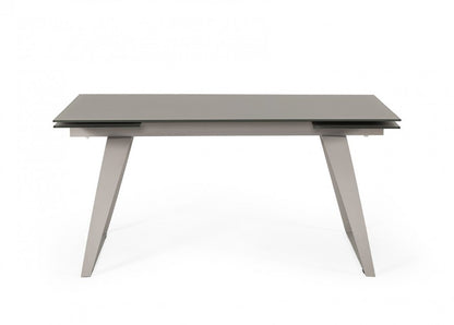 94" Gray Glass And Metal Self-Storing Leaf Sled Base Dining Table HomeRoots