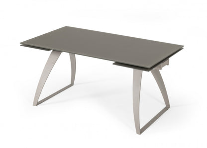 94" Gray Glass And Metal Self-Storing Leaf Sled Base Dining Table