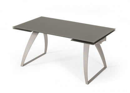 94" Gray Glass And Metal Self-Storing Leaf Sled Base Dining Table HomeRoots