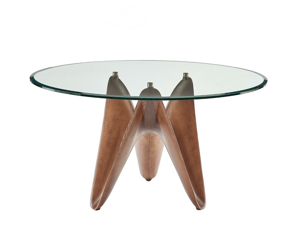 59" Clear And Brown Rounded Glass And Solid Manufactured Wood Pedestal Base Dining Table HomeRoots