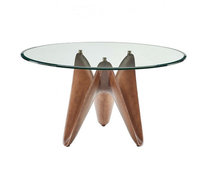 59" Clear And Brown Rounded Glass And Solid Manufactured Wood Pedestal Base Dining Table HomeRoots