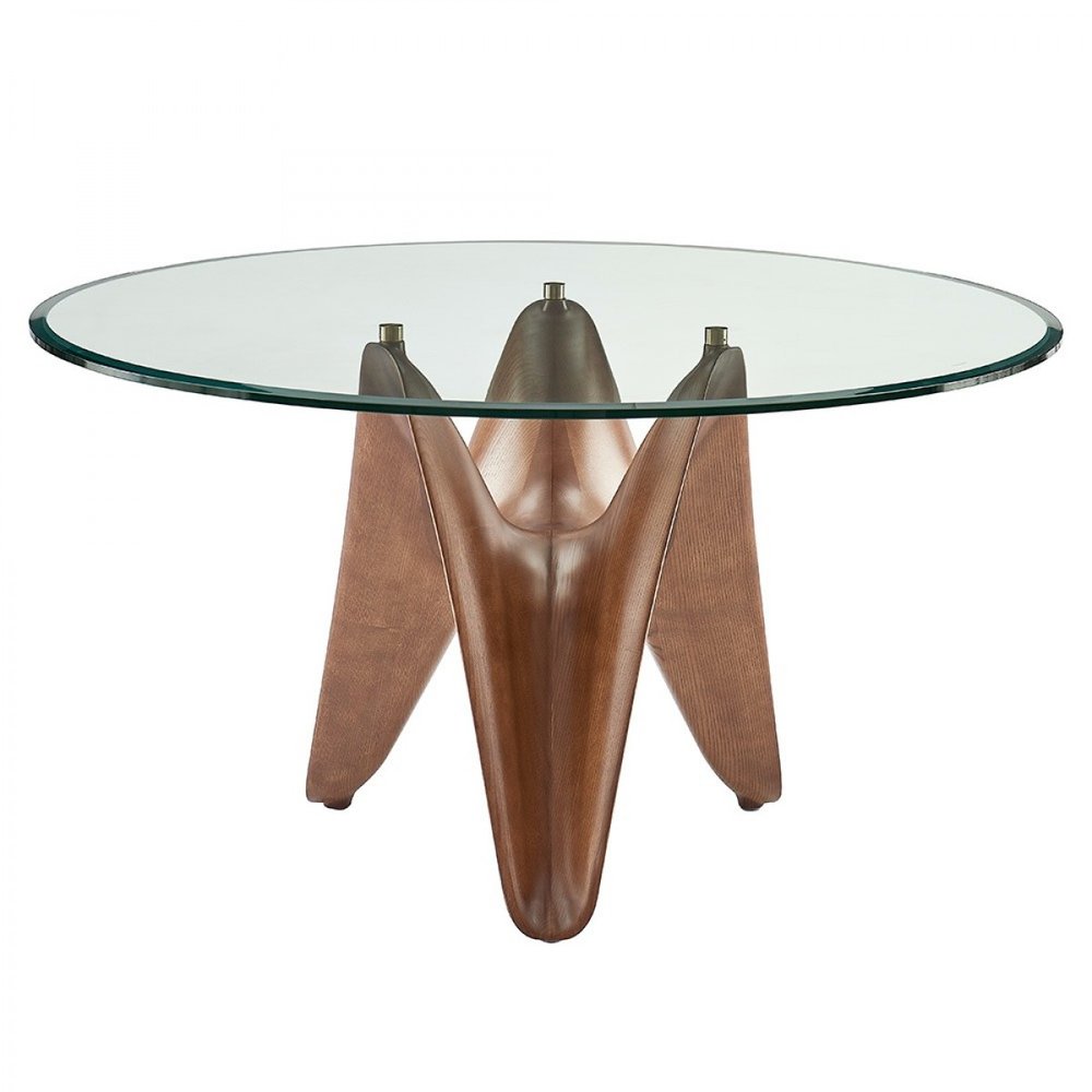 59" Clear And Brown Rounded Glass And Solid Manufactured Wood Pedestal Base Dining Table HomeRoots