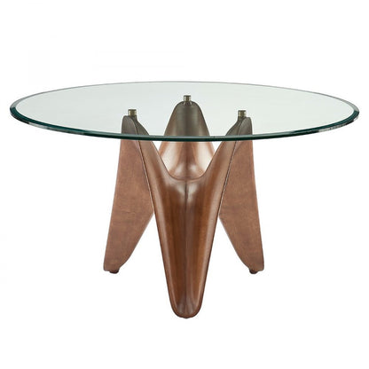 59" Clear And Brown Rounded Glass And Solid Manufactured Wood Pedestal Base Dining Table HomeRoots