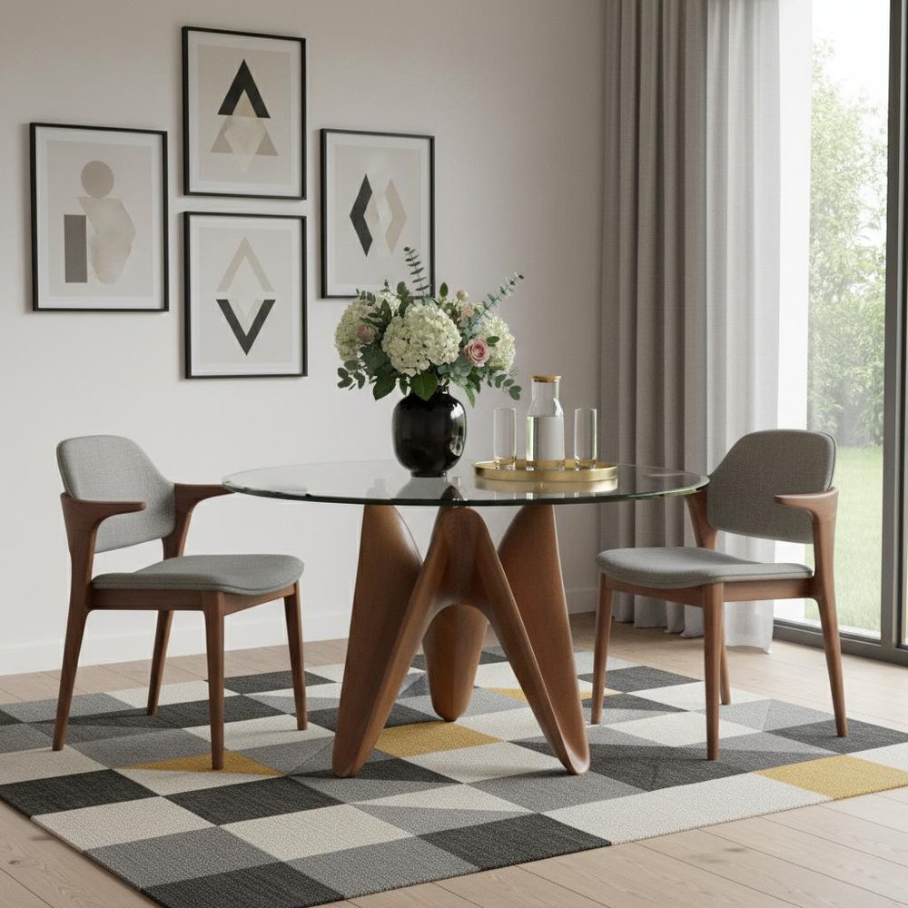 59" Clear And Brown Rounded Glass And Solid Manufactured Wood Pedestal Base Dining Table HomeRoots